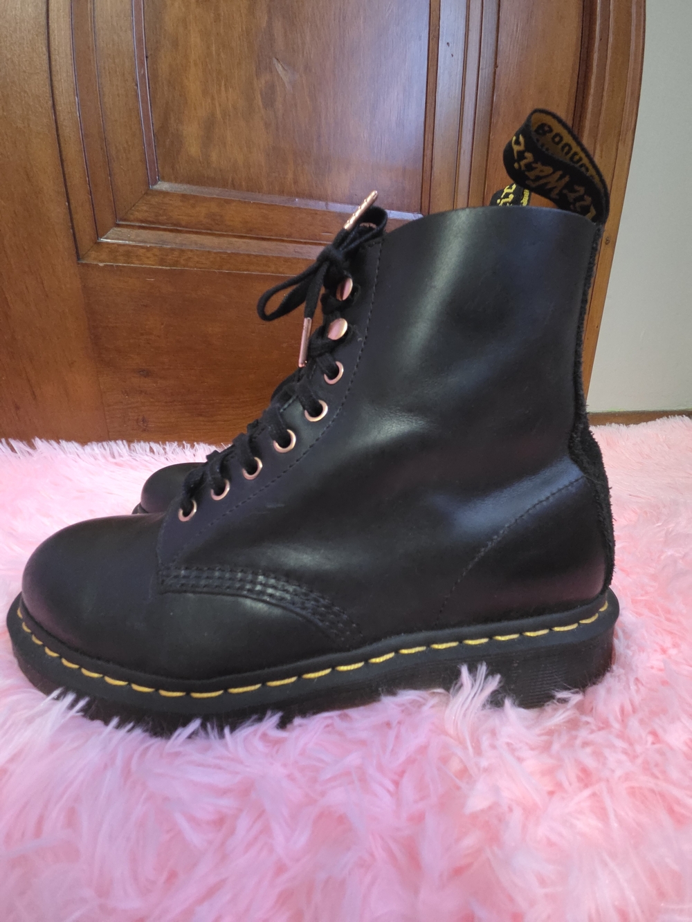 Dr. Martens Black Leather Lace-Up Boots with Yellow Stitching